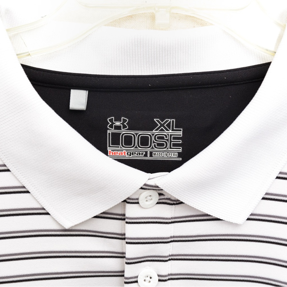 Under Armour heat gear loose fit polo style stripe shirt white, gray, & black XL - Picture 11 of 12